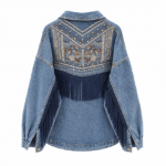 Veste cowboy jean bleu broderies florales et franges (6)
