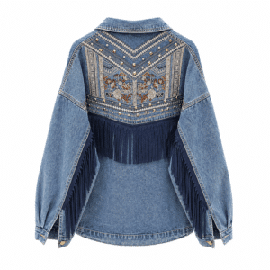 Veste cowboy jean bleu broderies florales et franges