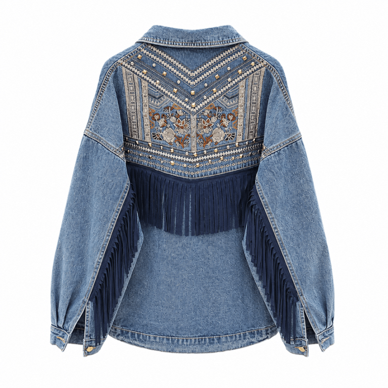 Veste cowboy jean bleu broderies florales et franges (6)