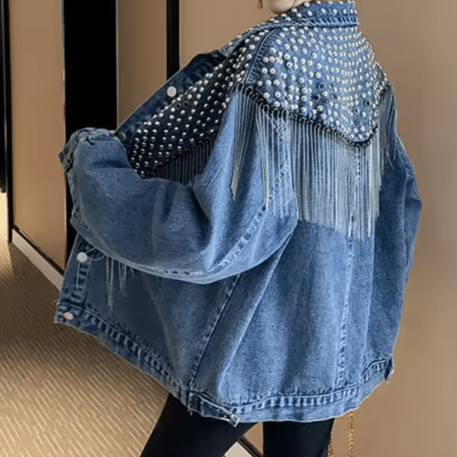 Veste cowboy jean clous longues franges argentées (2)