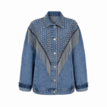Veste cowboy jean clous longues franges argentées (3)