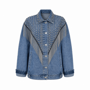 Veste cowboy jean clous longues franges argentées