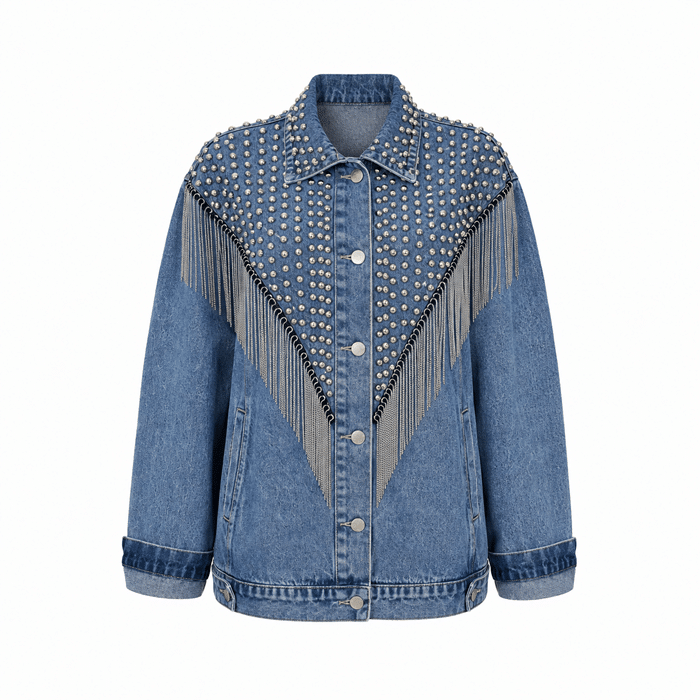 Veste cowboy jean clous longues franges argentées (3)
