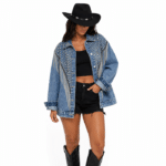 Veste cowboy jean clous longues franges argentées (4)
