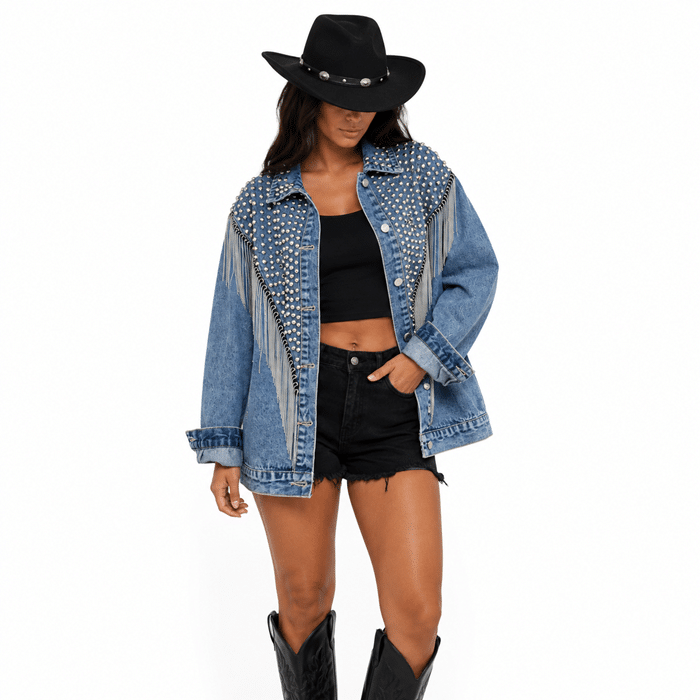 Veste cowboy jean clous longues franges argentées (4)