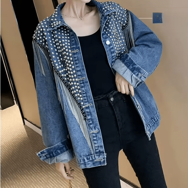 Veste cowboy jean clous longues franges argentées (5)