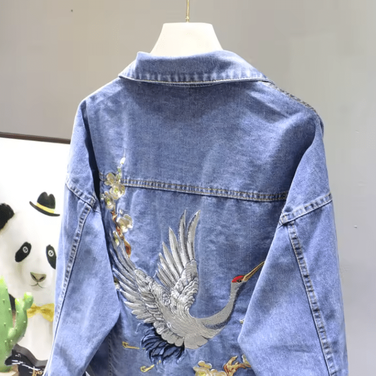 Veste cowboy jean oversize avec broderie grue (1)
