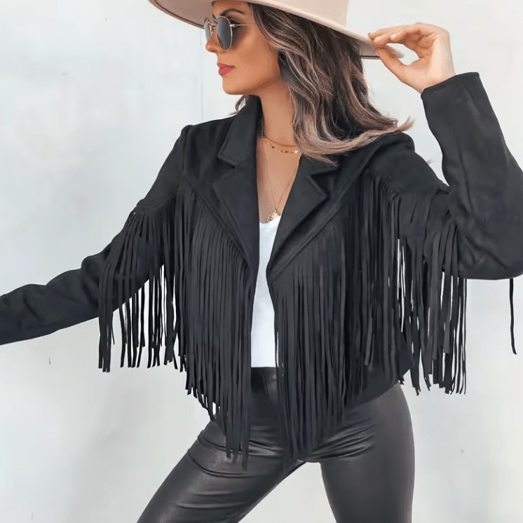 Veste cowboy noir femme longues franges manches (1)