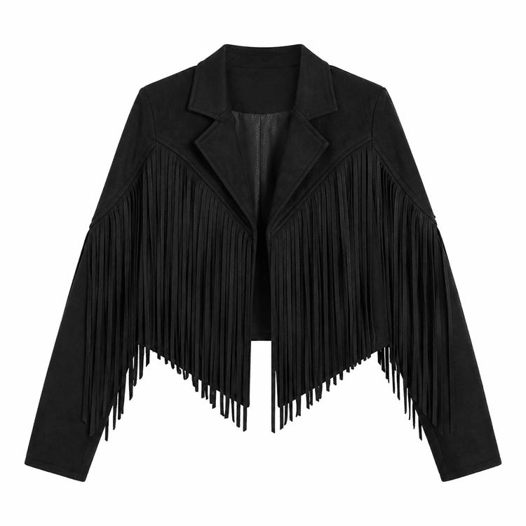 Veste cowboy noir femme longues franges manches (2)
