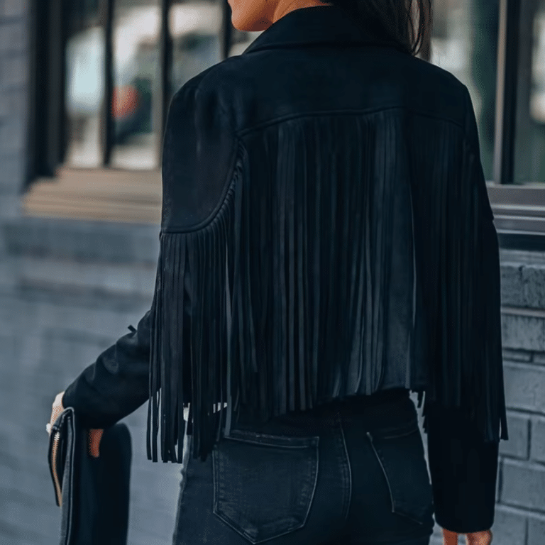 Veste cowboy noir femme longues franges manches (3)