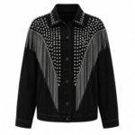 Veste cowboy noire empiècement clouté et chaînes franges (2)