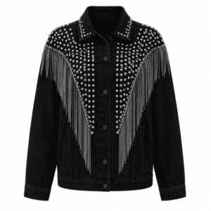 Veste cowboy noire empiècement clouté et chaînes franges