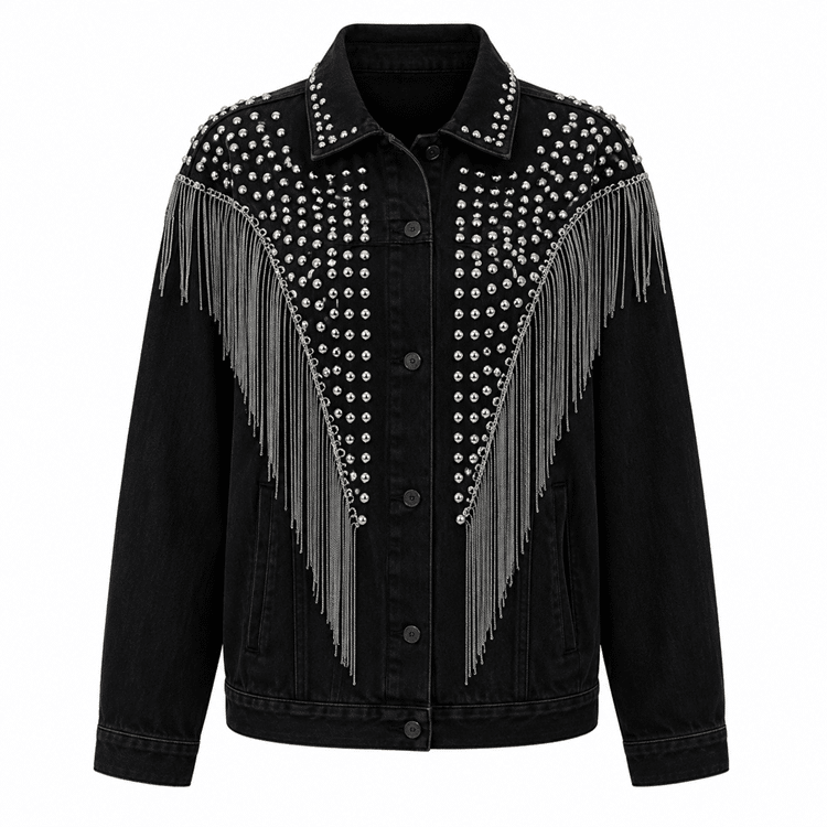 Veste cowboy noire empiècement clouté et chaînes franges (2)