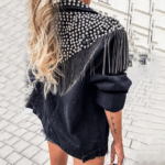 Veste cowboy noire empiècement clouté et chaînes franges (3)