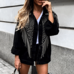 Veste cowboy noire empiècement clouté et chaînes franges (4)