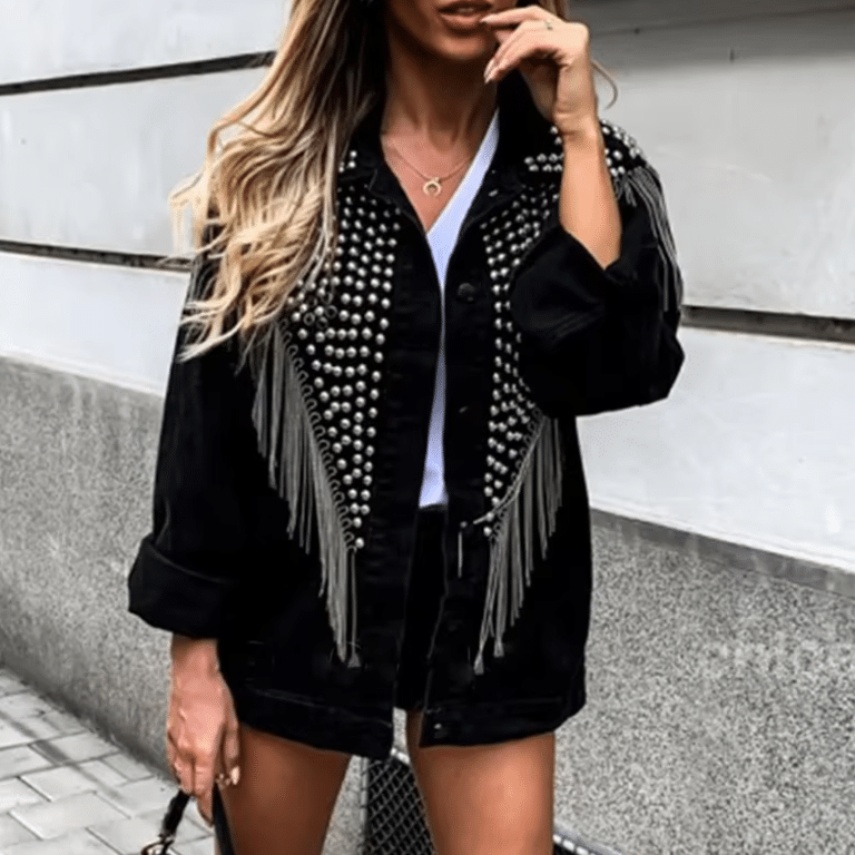 Veste cowboy noire empiècement clouté et chaînes franges (4)
