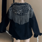 Veste cowboy noire empiècement clouté et chaînes franges (5)