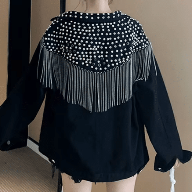 Veste cowboy noire empiècement clouté et chaînes franges (5)