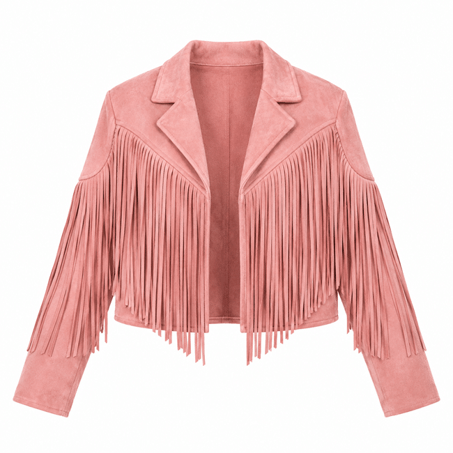 Veste cowboy rose courte longues franges aspect daim (1)