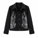 Veste jean noire courte grandes ailes brillantes pailletées (1)