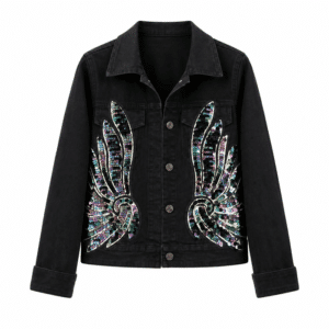 Veste jean noire courte grandes ailes brillantes pailletées