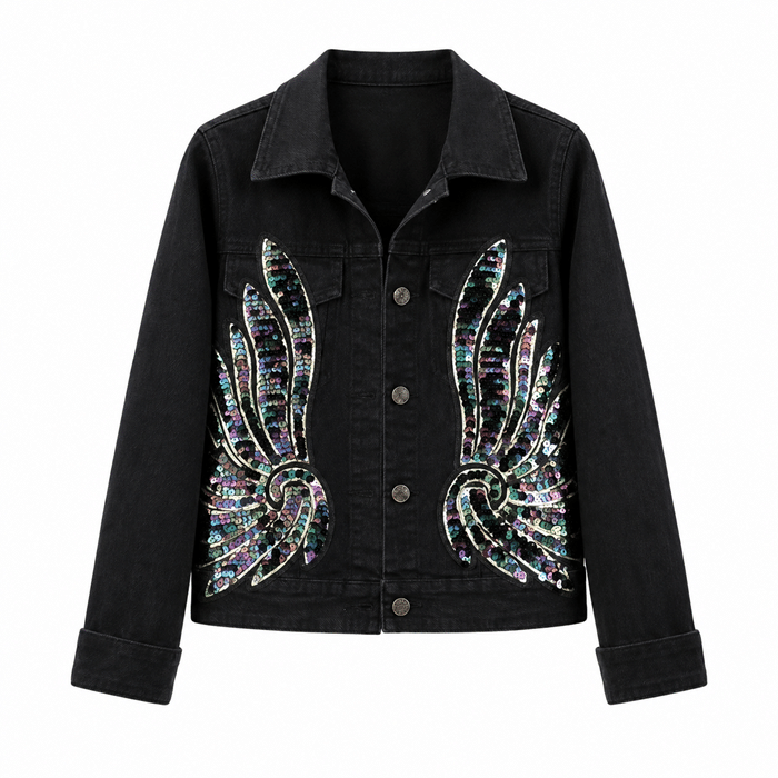 Veste jean noire courte grandes ailes brillantes pailletées (1)