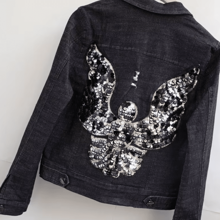 Veste jean noire courte grandes ailes brillantes pailletées (4)