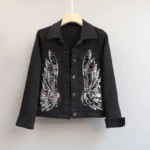 Veste jean noire courte grandes ailes brillantes pailletées (5)