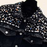 Veste jean noire perles et franges style cowboy (1)