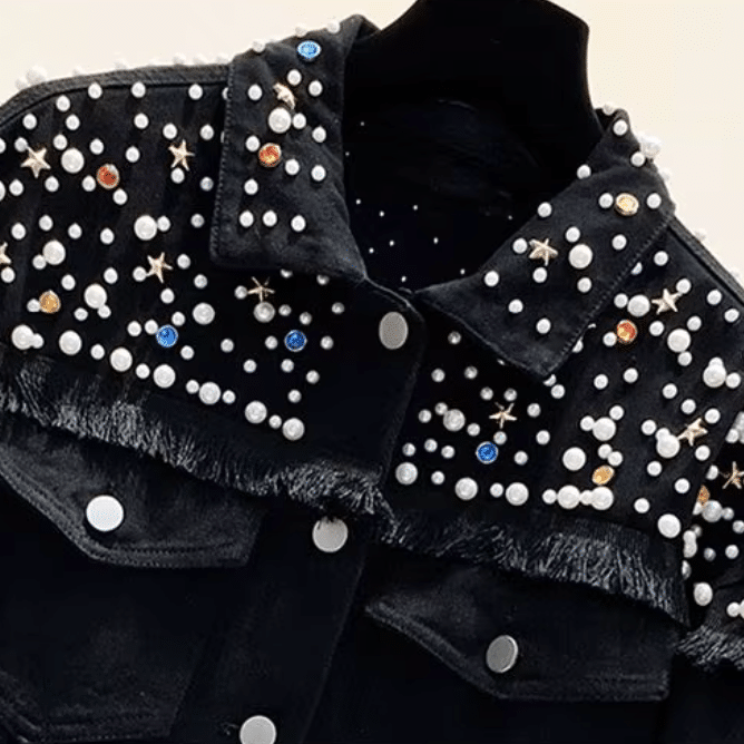 Veste jean noire perles et franges style cowboy (1)