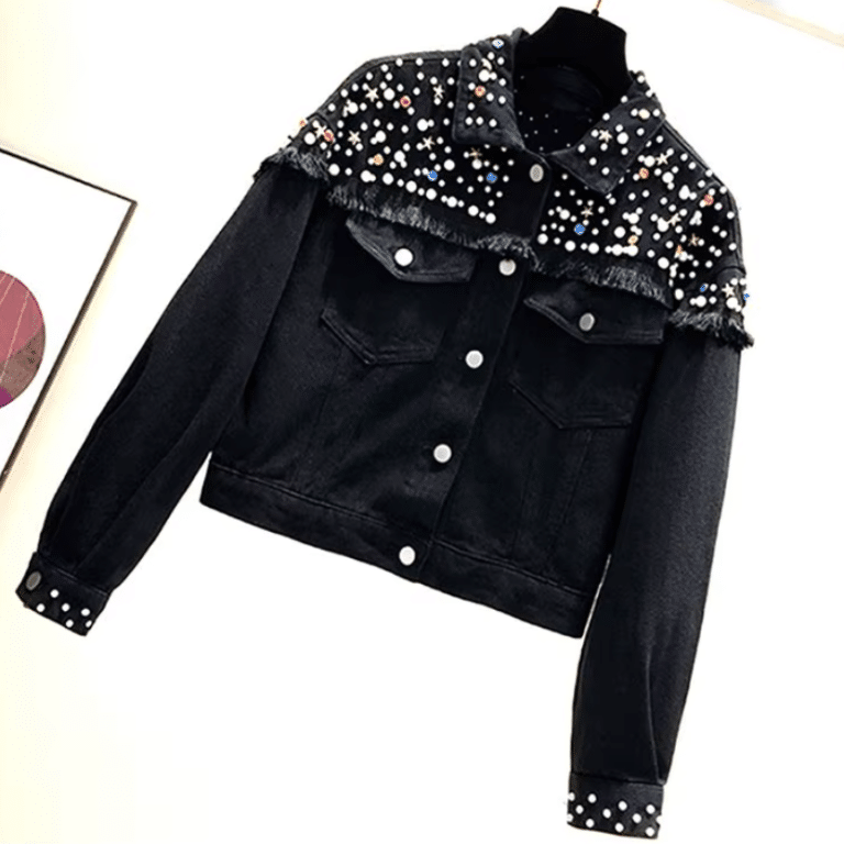 Veste jean noire perles et franges style cowboy (2)