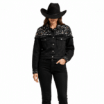 Veste jean noire perles et franges style cowboy (3)