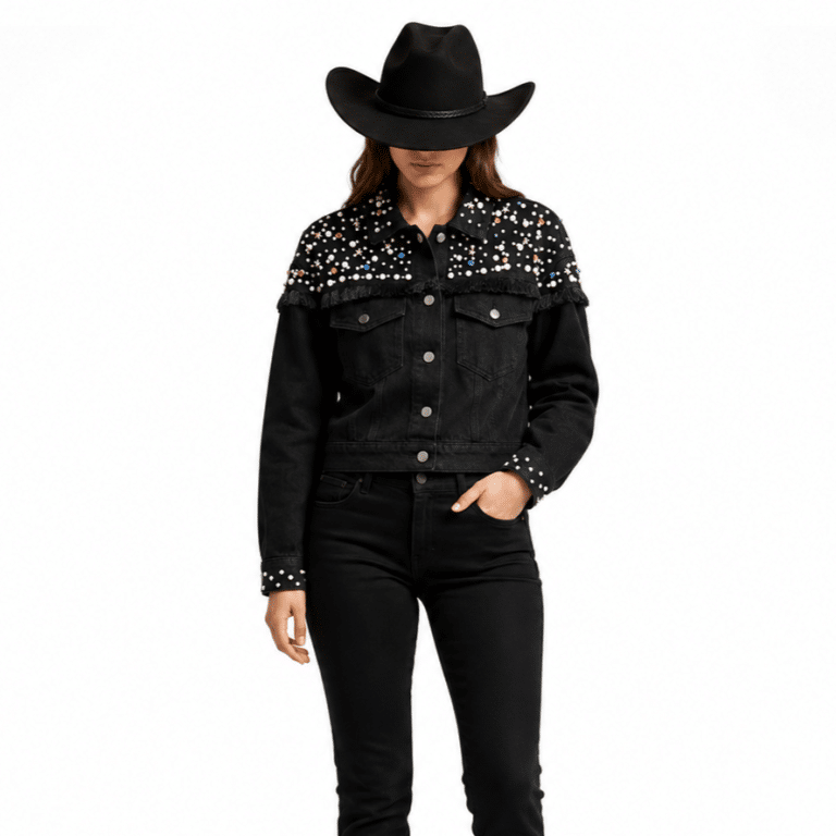 Veste jean noire perles et franges style cowboy (3)