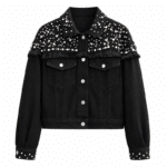 Veste jean noire perles et franges style cowboy (4)