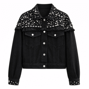 Veste jean noire perles et franges style cowboy