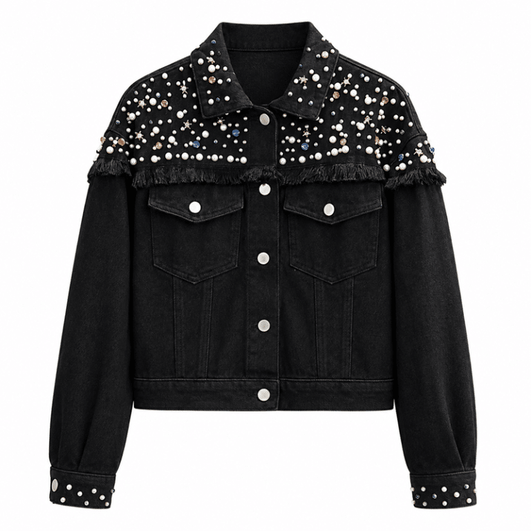 Veste jean noire perles et franges style cowboy (4)