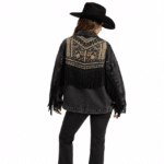 Veste noire aspect jean avec broderies florales, clous et franges dos (1)