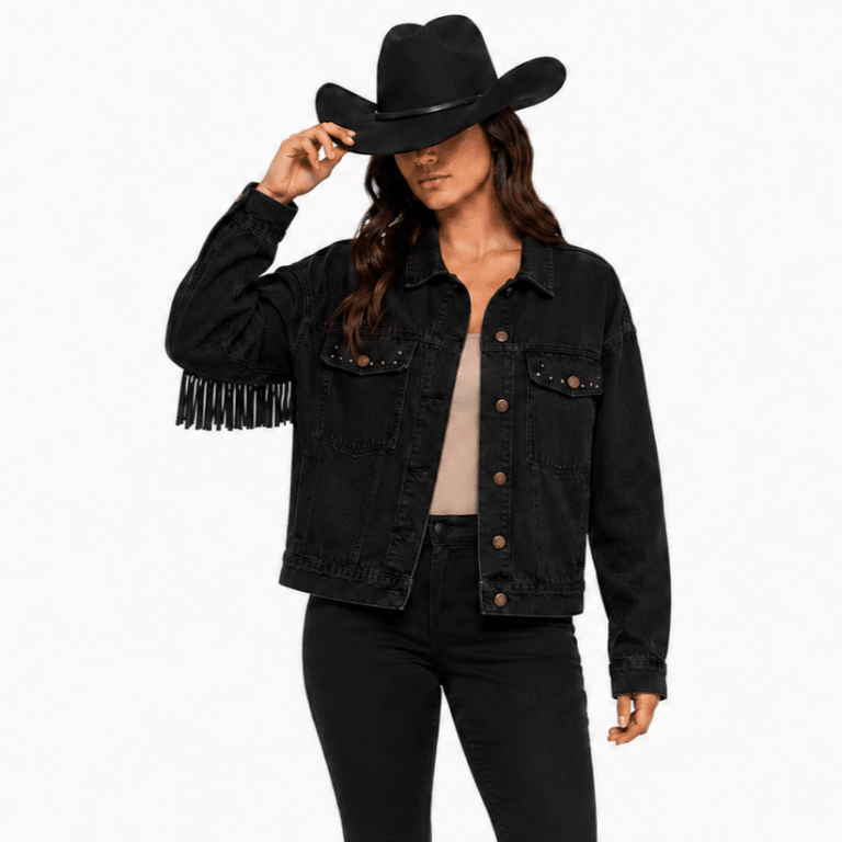 Veste noire aspect jean avec broderies florales, clous et franges dos (2)