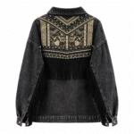 Veste noire aspect jean avec broderies florales, clous et franges dos (3)