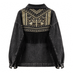 Veste noire jean broderies florales clous franges