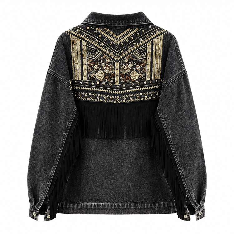 Veste noire aspect jean avec broderies florales, clous et franges dos (3)