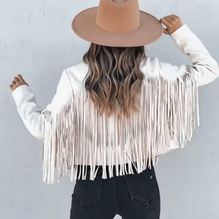 Veste western blanche à longues franges style cowboy (1)