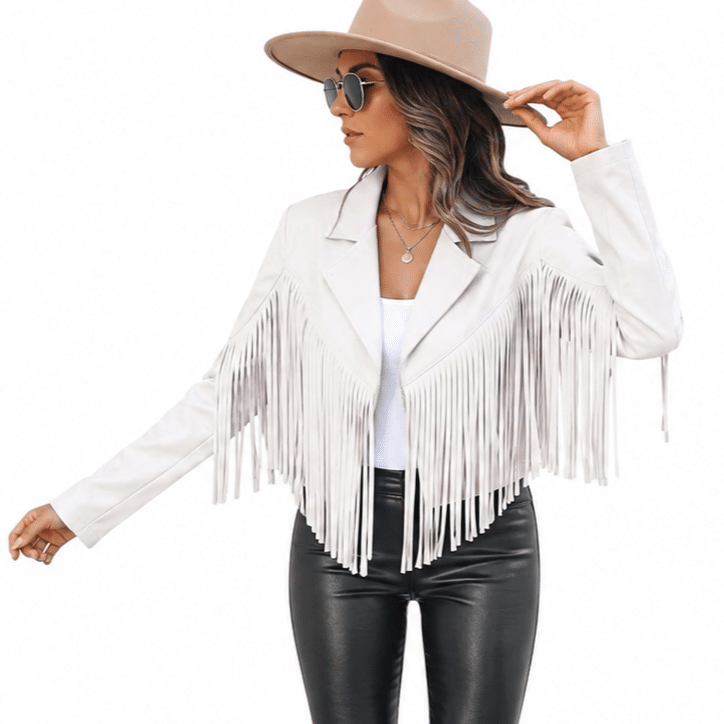 Veste western blanche à longues franges style cowboy (3)