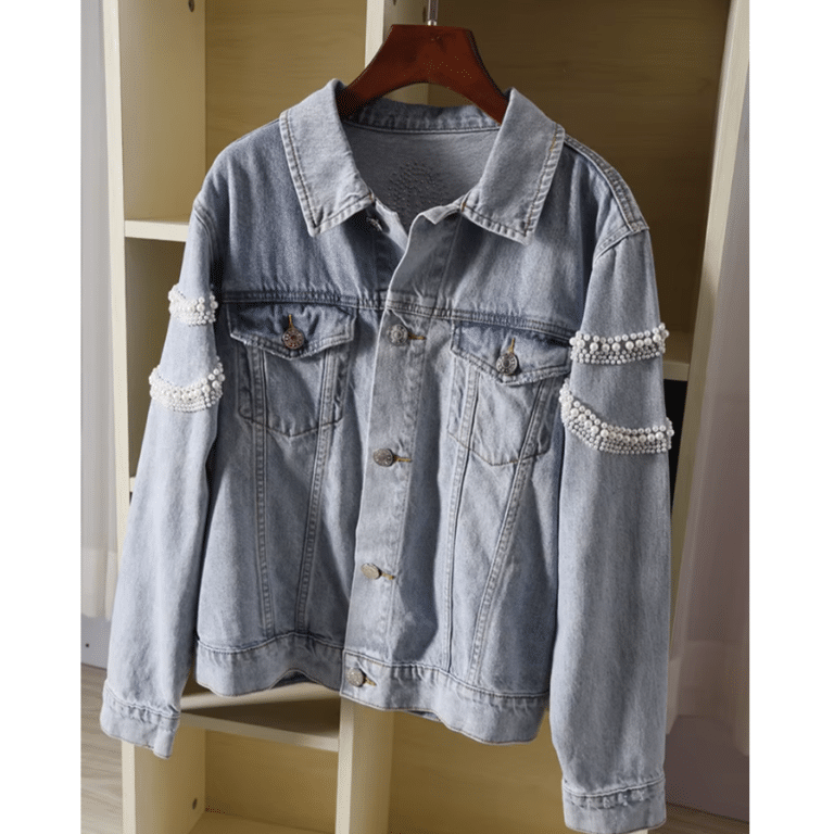 Veste western bleue en jean perles sur dos et manches (1)