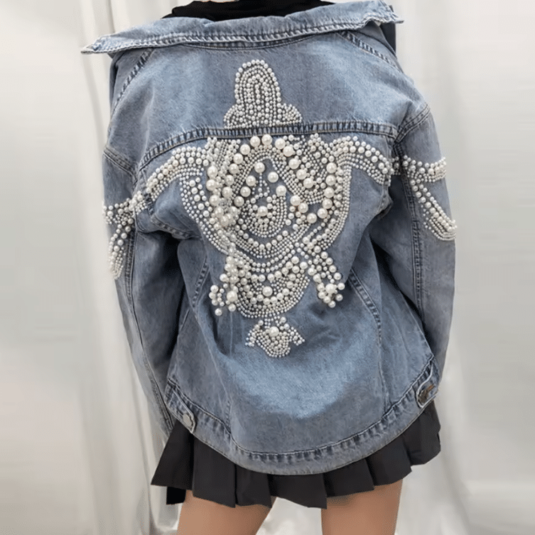 Veste western bleue en jean perles sur dos et manches (5)