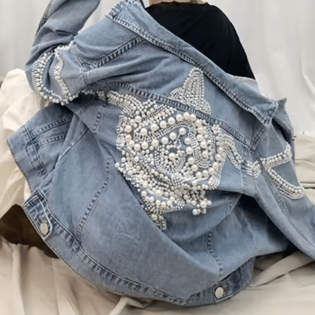 Veste western bleue en jean perles sur dos et manches (6)