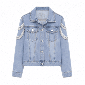 Veste western bleue en jean perles sur dos et manches
