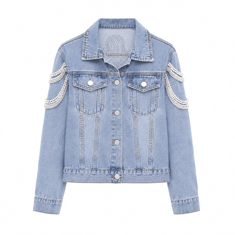 Veste western bleue en jean perles sur dos et manches (7)