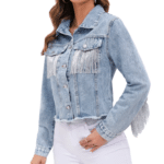 Veste western courte femme bleu clair franges chaînes argentées (1)
