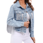 Veste western courte femme bleu clair franges chaînes argentées (2)
